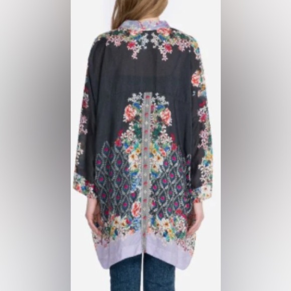 Johnny Was Shae Printed Silk Kimono Floral Mixed Print Purple Black Size Small - Picture 10 of 16